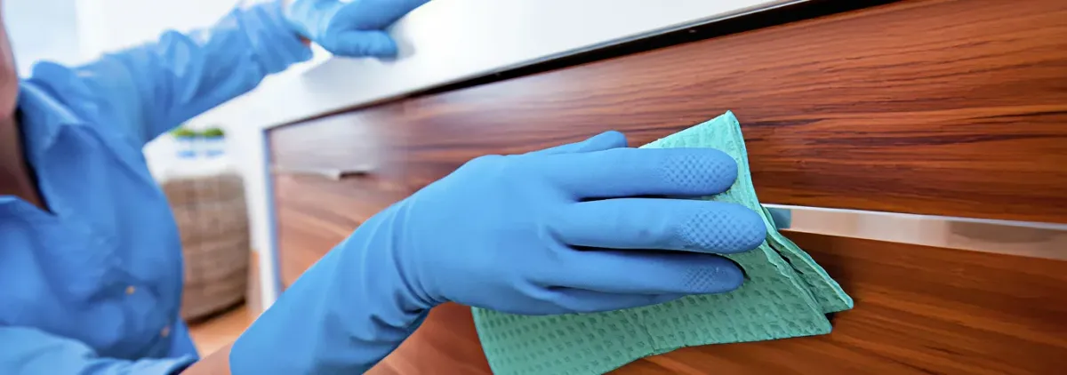 Cleaner wearing blue gloves wiping a wooden cabinet drawer with a microfiber cloth for dust and grime removal, Toledo, OH.