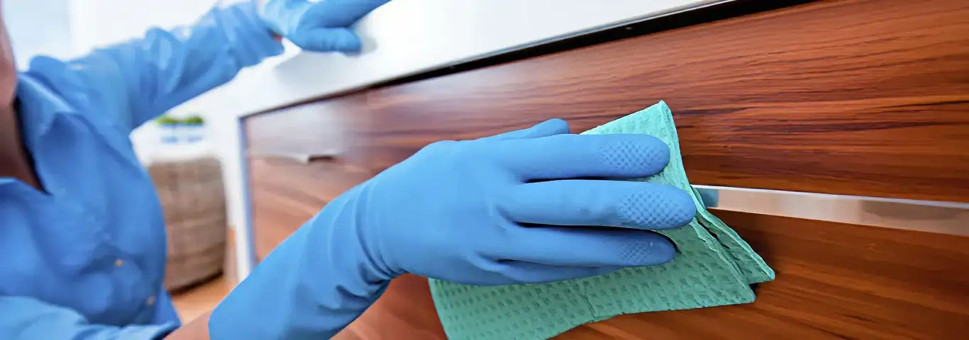 Cleaner wearing blue gloves wiping a wooden cabinet drawer with a microfiber cloth for dust and grime removal, Toledo, OH.