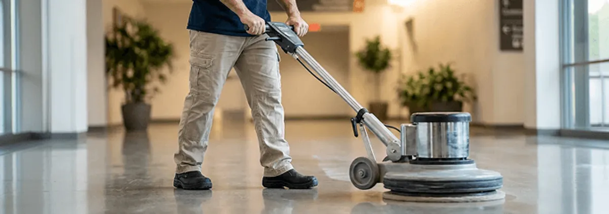 Professional technician using an industrial floor buffer to polish and maintain shiny commercial flooring in a corporate hallway in Toledo, OH.