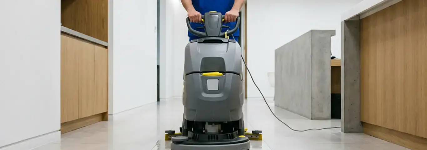 Janitorial staff using a floor scrubber machine to clean a commercial hallway, Toledo, OH.
