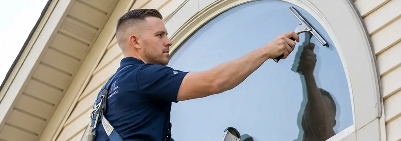 Professional window cleaner using a squeegee to clean an exterior arched window on a home, Toledo, OH.
