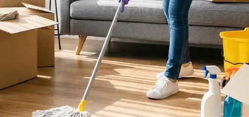 Move-out cleaning setup with a cleaner mopping hardwood floors near moving boxes and cleaning supplies, Toledo, OH.