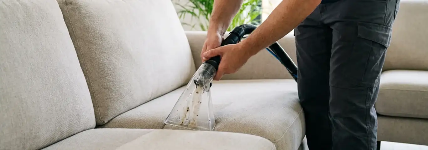 Technician extracting dirt and moisture from a fabric sofa with an upholstery cleaning wand, Toledo, OH.