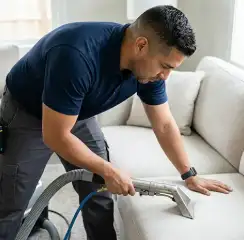 Professional upholstery cleaning technician using an extraction wand to deep-clean a fabric sofa, Toledo, OH.