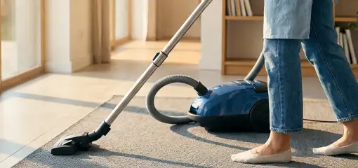 Person vacuuming a living room rug with a canister vacuum cleaner near large windows, Toledo, OH.